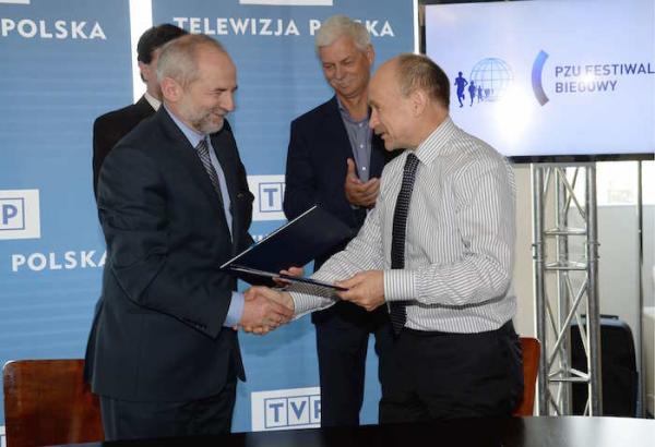 Podpisanie umowy o współpracy TVP SA z Forum Ekonomicznym i PZU Festiwalem Biegowym (Warszawa, 2.6.2015)